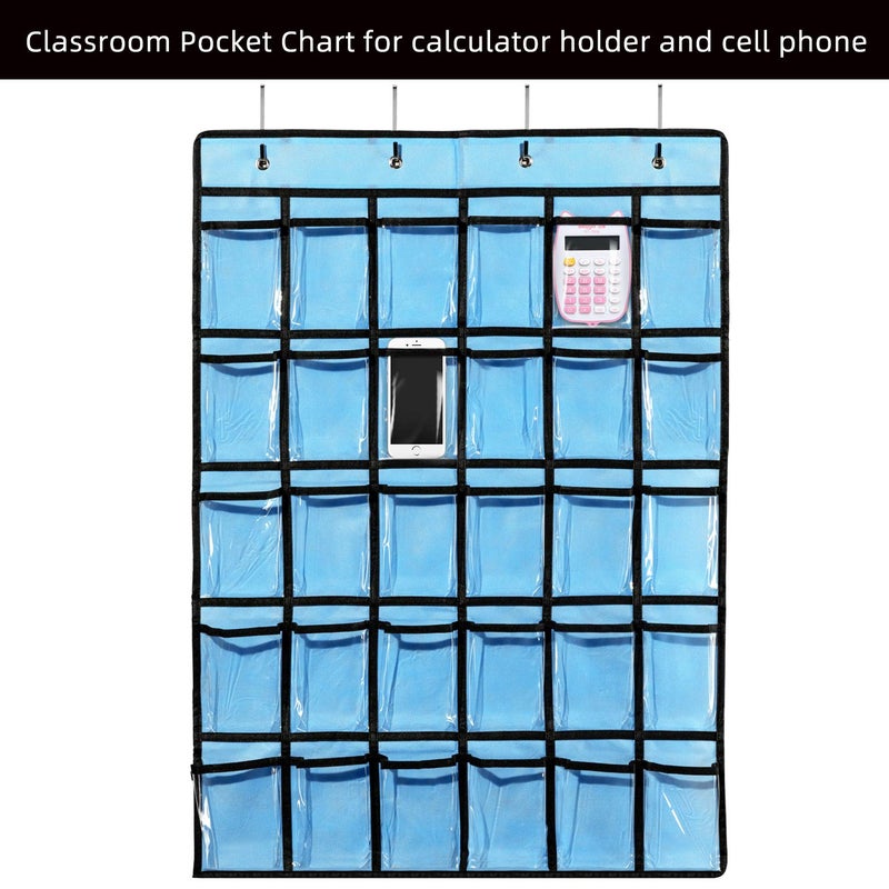 KEEPJOY Classroom Pocket Chart for Cellphone Calculator Holder, 30 Clear Pocket Charts for Classroom 33.5 x 24.5 inch Hanging cell phone Organizer Storage (Blue-30 pockets) - Image 2